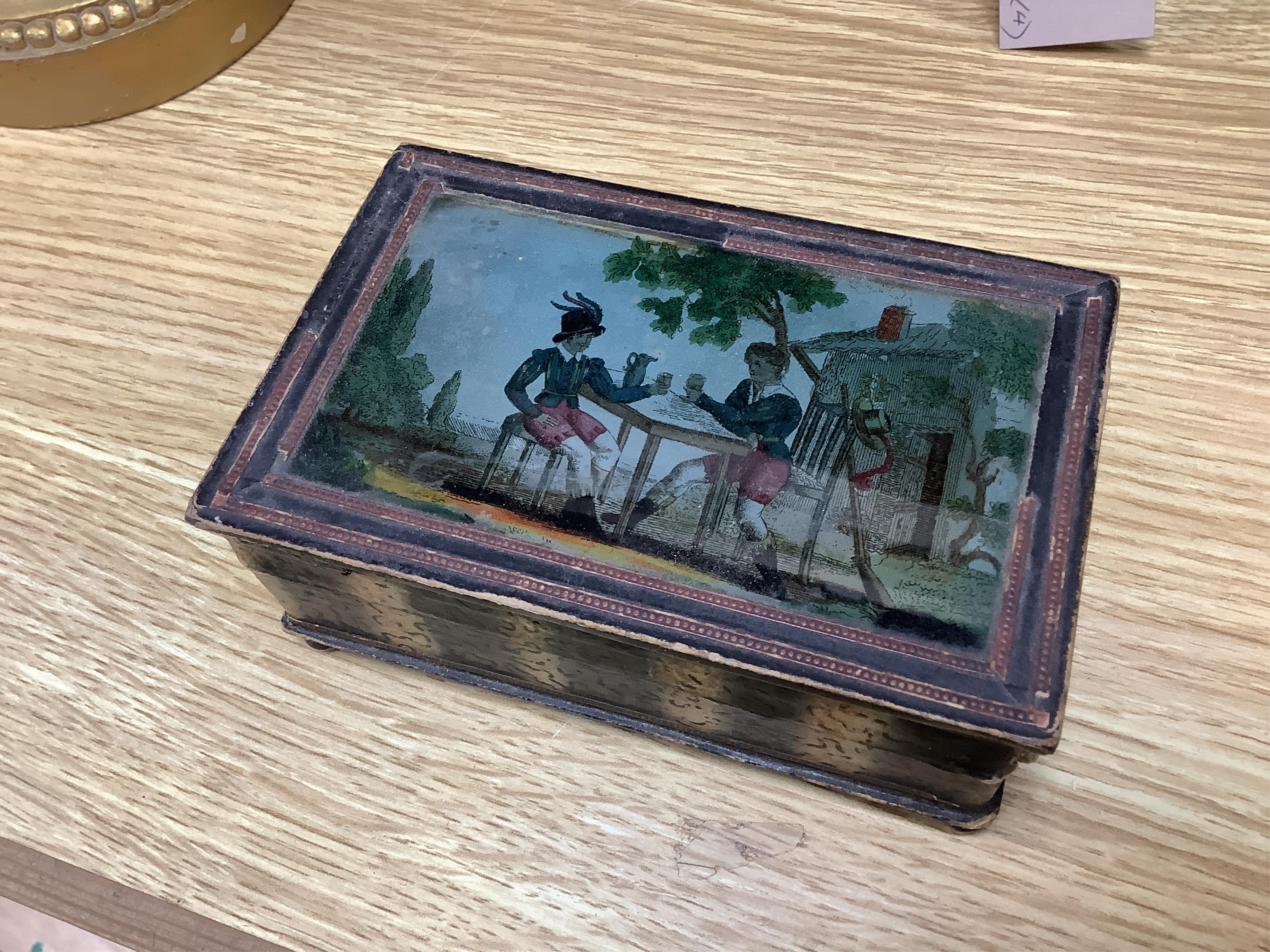Four boxes to include a burr elm bound example, together with a French inlaid ‘Thé’ caddy with porcelain canisters, largest 32cm wide